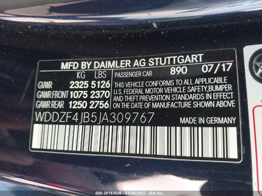 VIN WDDZF4JB5JA309767 2018 MERCEDES-BENZ E 300