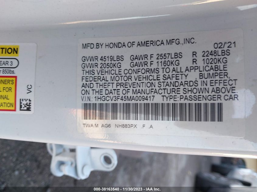 2021 HONDA ACCORD HYBRID EX - 1HGCV3F45MA009417