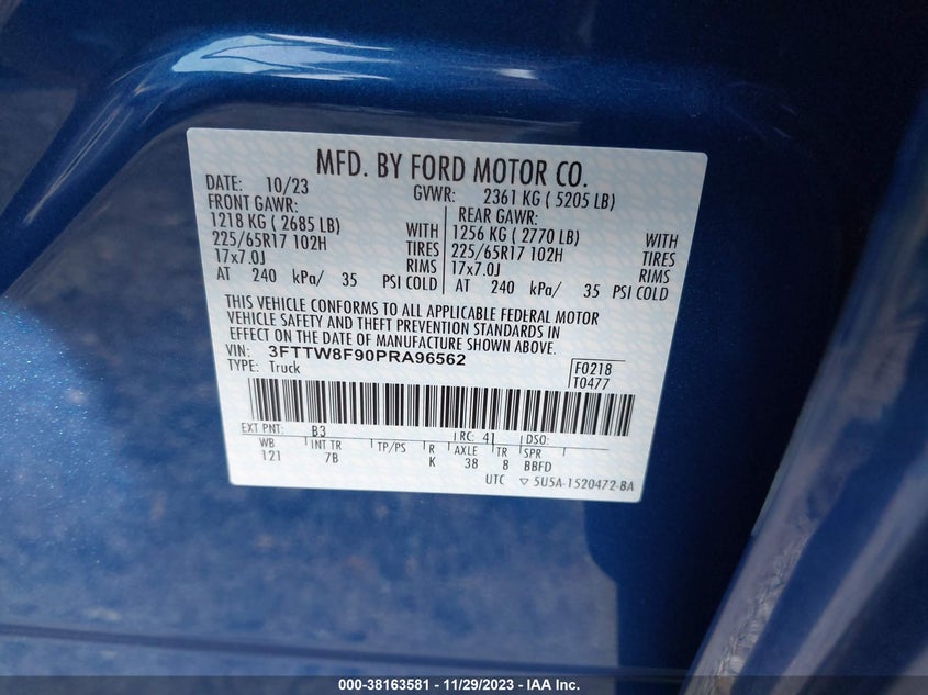 VIN 3FTTW8F90PRA96562 2023 FORD MAVERICK XLT