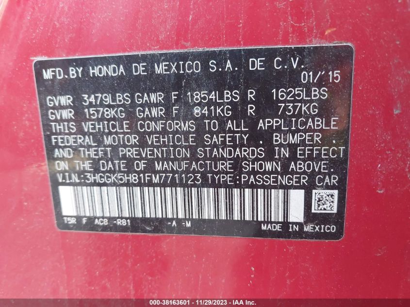 2015 HONDA FIT EX/EXL - 3HGGK5H81FM771123
