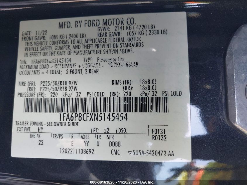 2022 FORD MUSTANG GT - 1FA6P8CFXN5145454