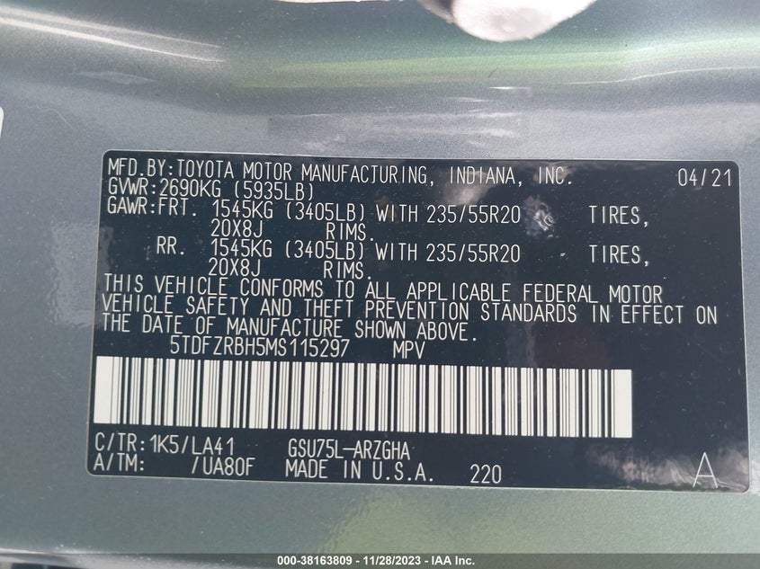 VIN 5TDFZRBH5MS115297 2021 TOYOTA HIGHLANDER PLATINUM