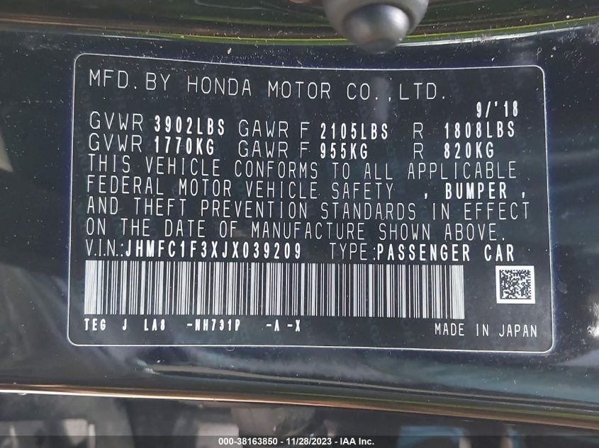 2018 HONDA CIVIC EX-T - JHMFC1F3XJX039209