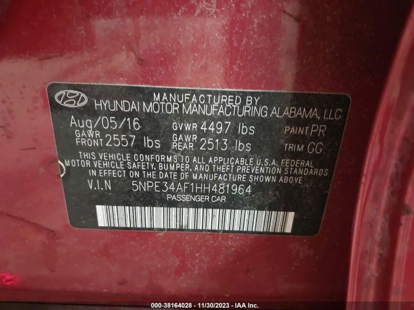 2017 HYUNDAI SONATA SPORT - 5NPE34AF1HH481964