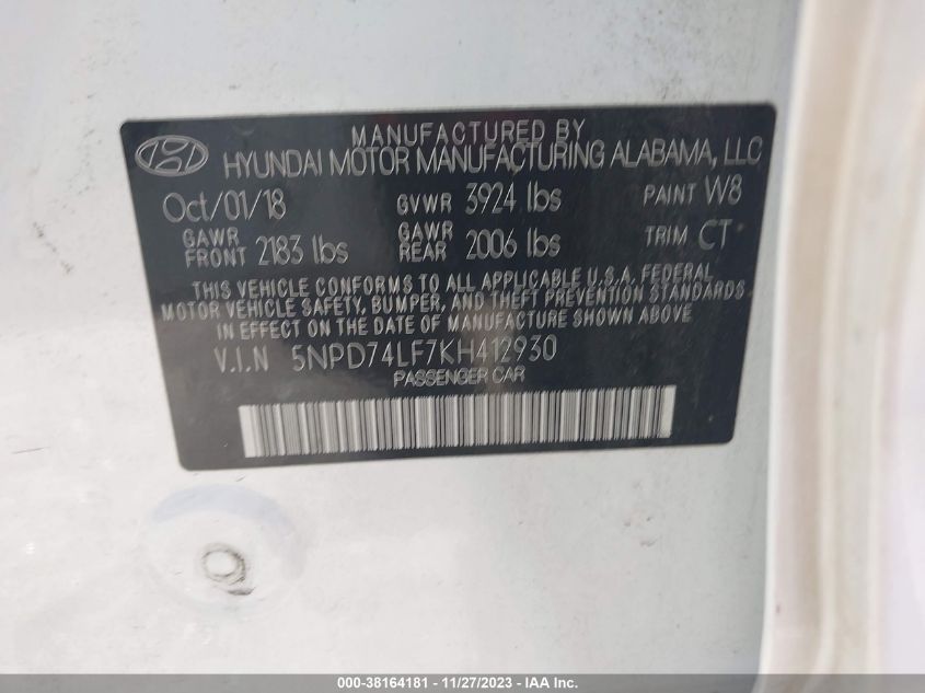 2019 HYUNDAI ELANTRA SE - 5NPD74LF7KH412930