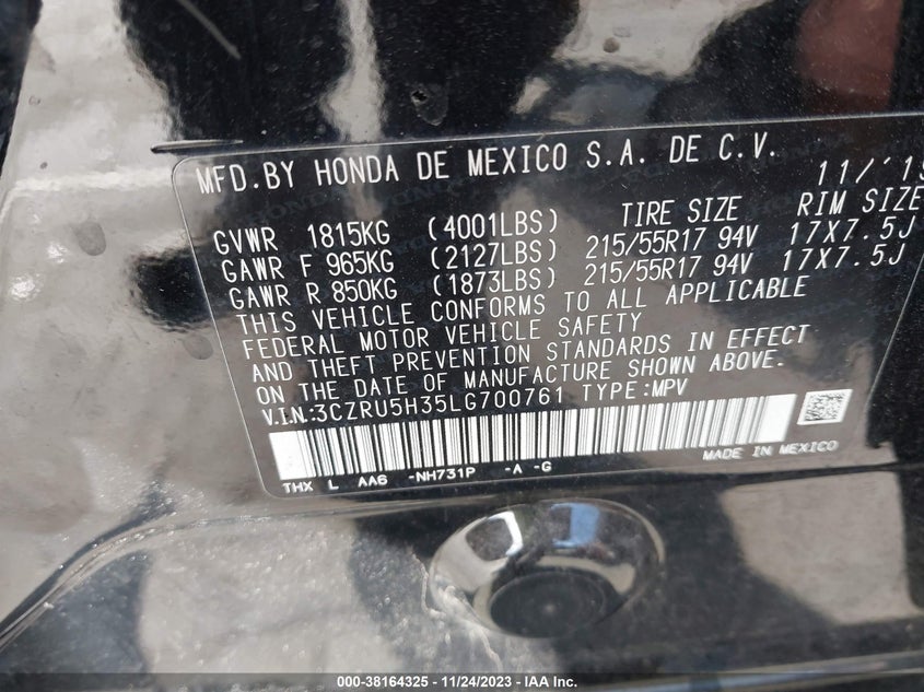 VIN 3CZRU5H35LG700761 2020 HONDA HR-V 2WD LX