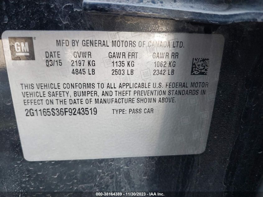 2015 CHEVROLET IMPALA 2LZ - 2G1165S36F9243519