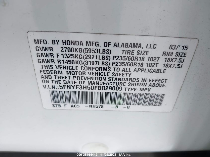 2015 HONDA PILOT EX-L - 5FNYF3H50FB029009