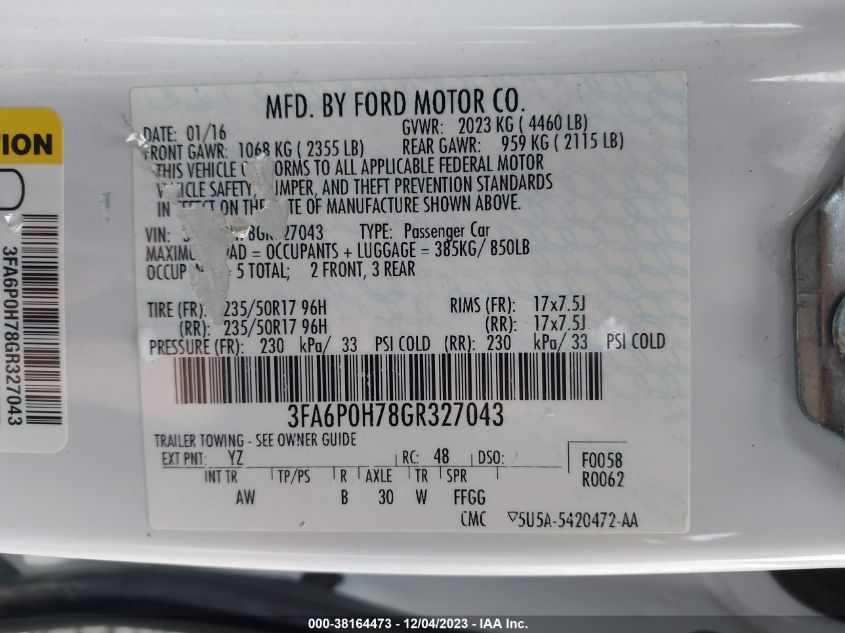 2016 FORD FUSION SE - 3FA6P0H78GR327043