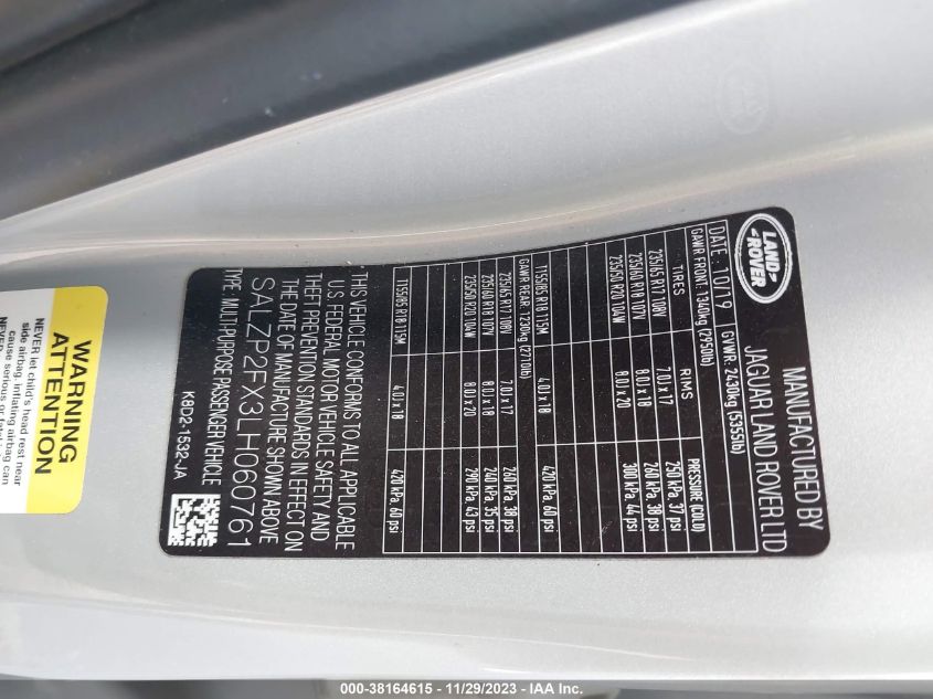 2020 LAND ROVER RANGE ROVER EVOQUE SE - SALZP2FX3LH060761