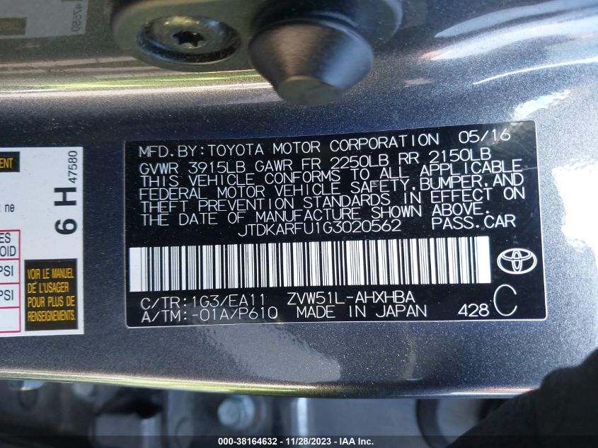 2016 TOYOTA PRIUS - JTDKARFU1G3020562