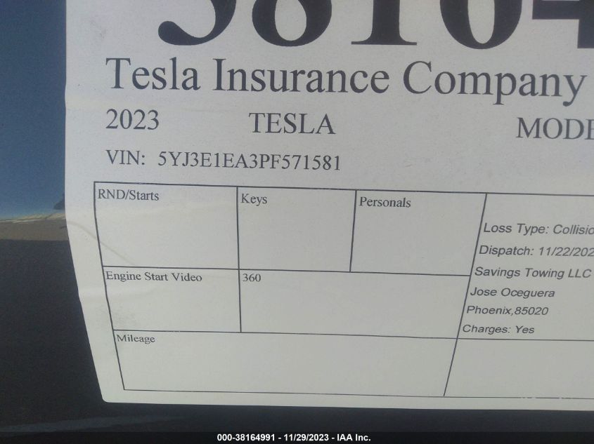 2023 TESLA MODEL 3 - 5YJ3E1EA3PF571581