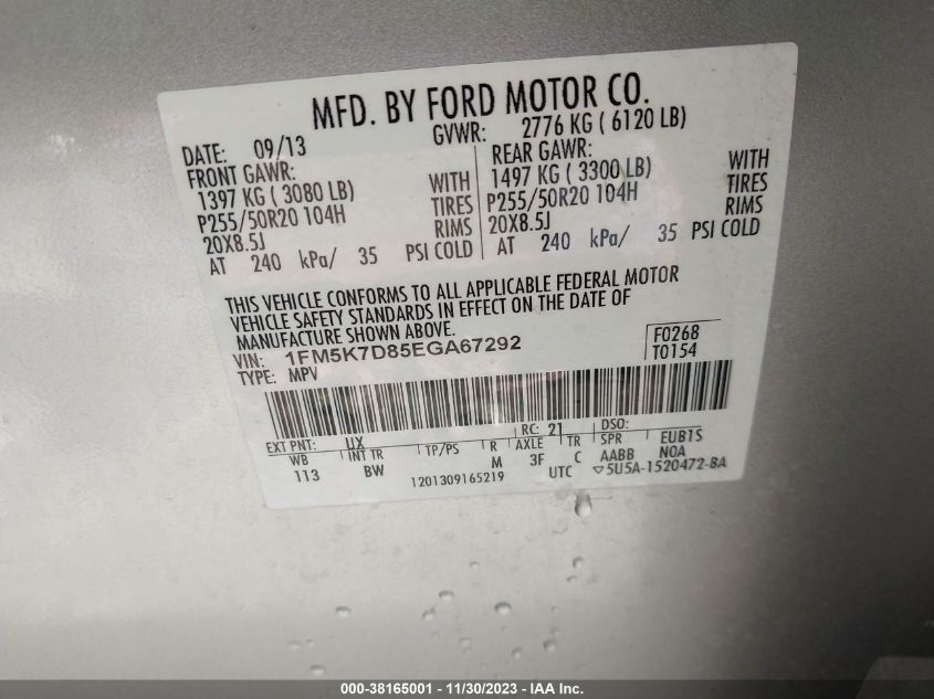 2014 FORD EXPLORER XLT - 1FM5K7D85EGA67292