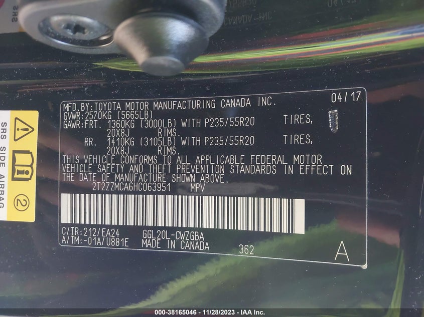 VIN 2T2ZZMCA6HC063951 2017 LEXUS RX 350