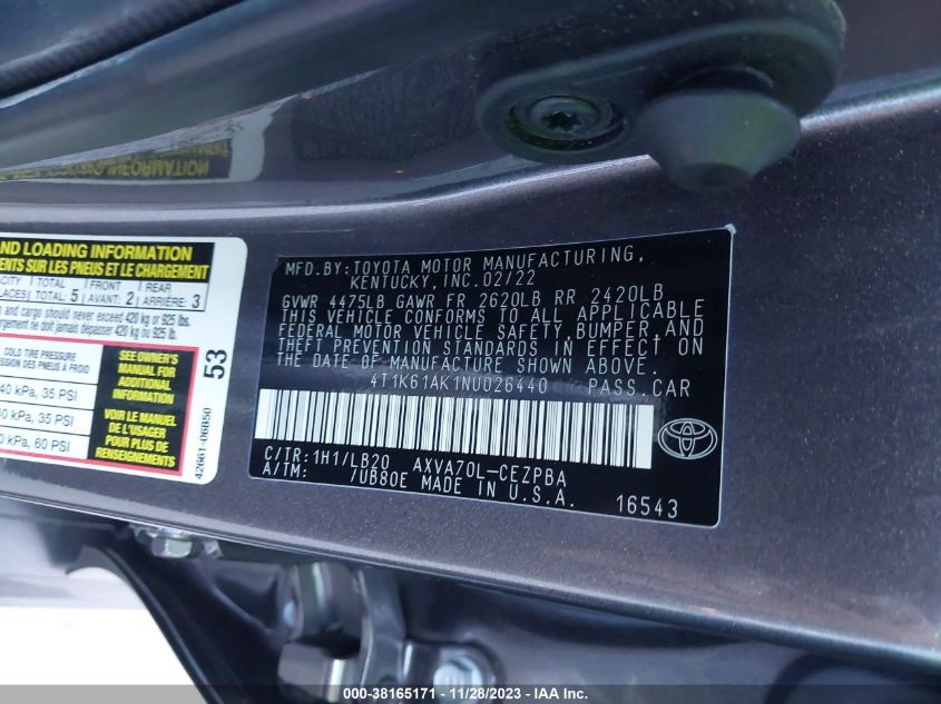 2022 TOYOTA CAMRY XSE - 4T1K61AK1NU026440