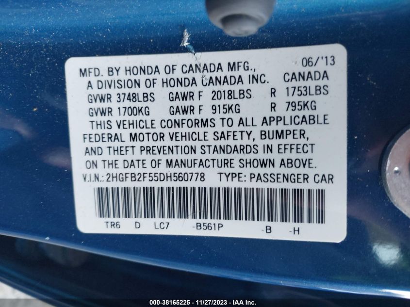 2013 HONDA CIVIC LX - 2HGFB2F55DH560778