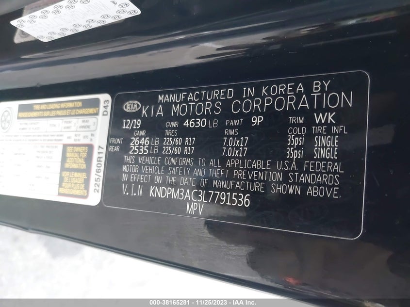 VIN KNDPM3AC3L7791536 2020 KIA SPORTAGE LX