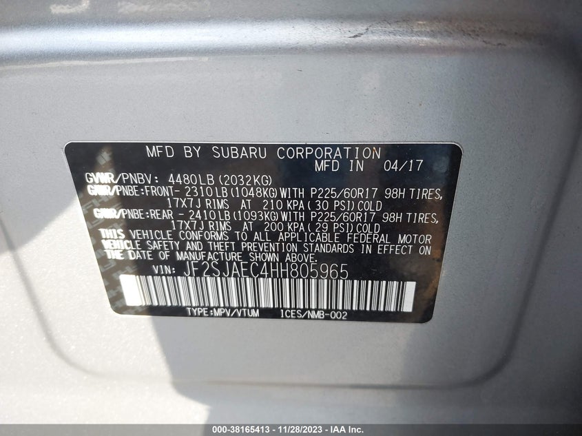 VIN JF2SJAEC4HH805965 2017 SUBARU FORESTER 2.5I PREMIUM