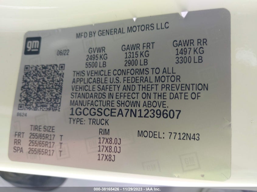 VIN 1GCGSCEA7N1239607 2022 CHEVROLET COLORADO LT