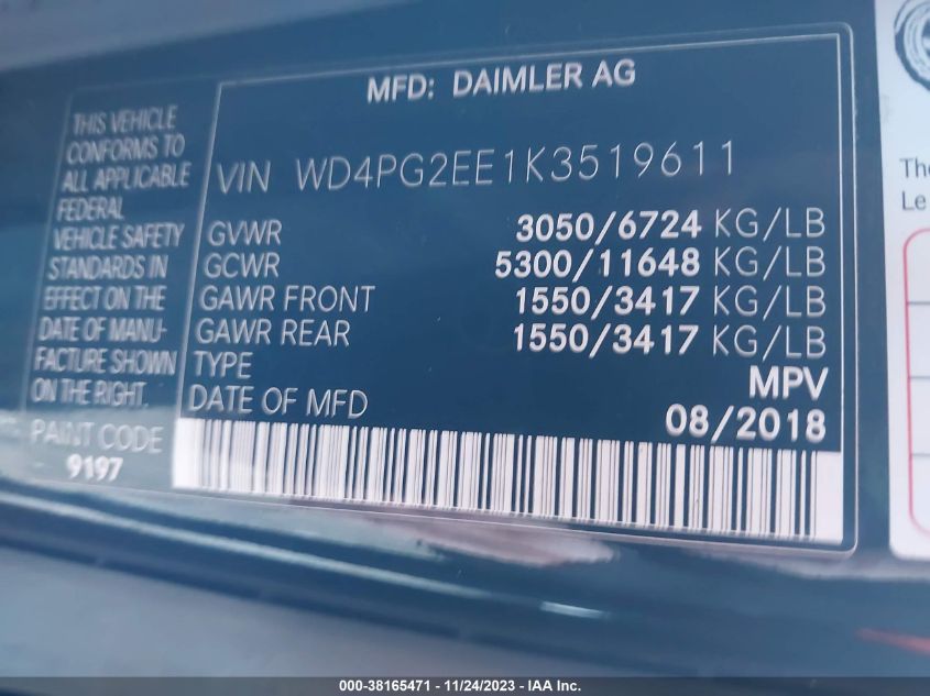 2019 MERCEDES-BENZ METRIS WD4PG2EE1K3519611