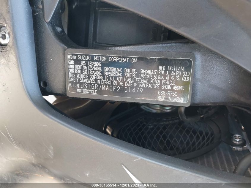 2015 SUZUKI GSX-R750 JS1GR7MA0F2101479
