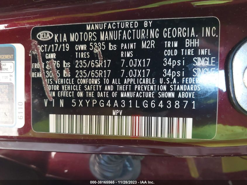 2020 KIA SORENTO L/LX - 5XYPG4A31LG643871