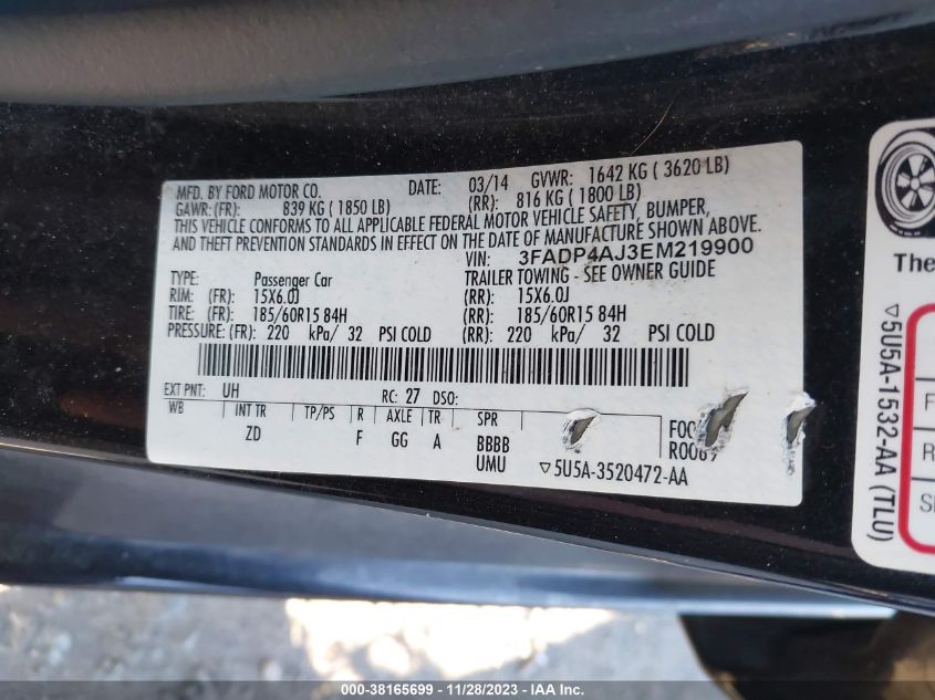 2014 FORD FIESTA S - 3FADP4AJ3EM219900