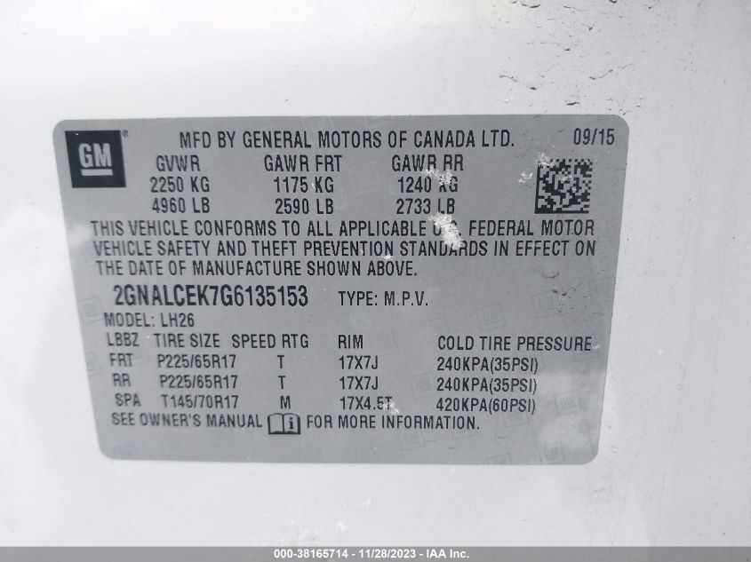 2016 CHEVROLET EQUINOX LT - 2GNALCEK7G6135153