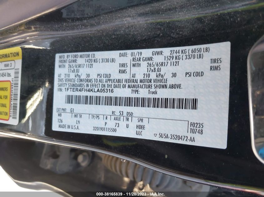 2019 FORD RANGER XL/XLT/LARIAT - 1FTER4FH4KLA05316