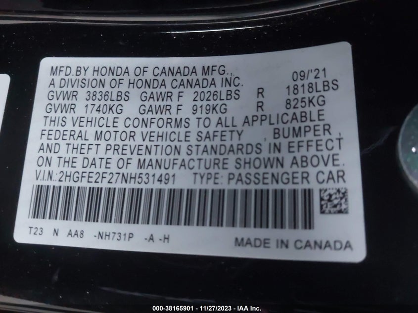 VIN 2HGFE2F27NH531491 2022 HONDA CIVIC LX