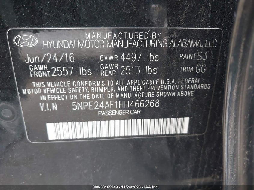 VIN 5NPE24AF1HH466268 2017 HYUNDAI SONATA SE