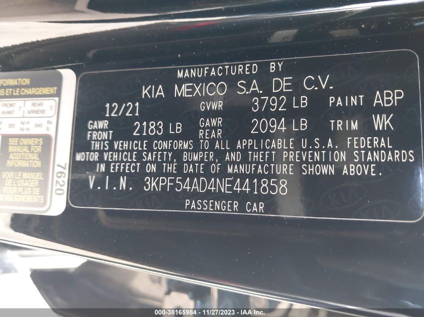 2022 KIA FORTE GT LINE - 3KPF54AD4NE441858
