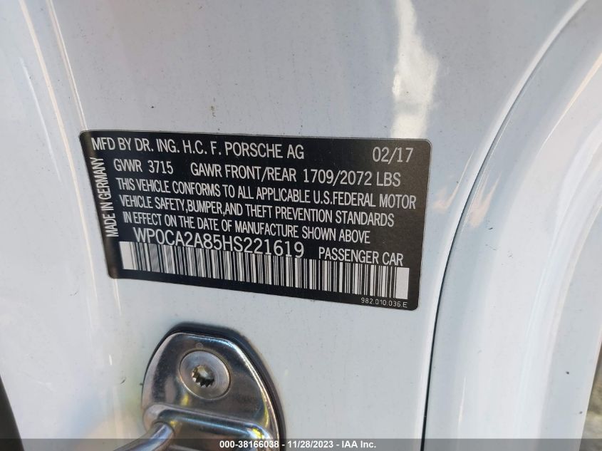2017 PORSCHE 718 BOXSTER WP0CA2A85HS221619