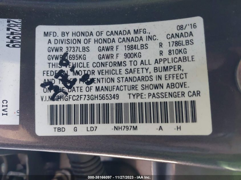 2016 HONDA CIVIC EX - 2HGFC2F73GH565349