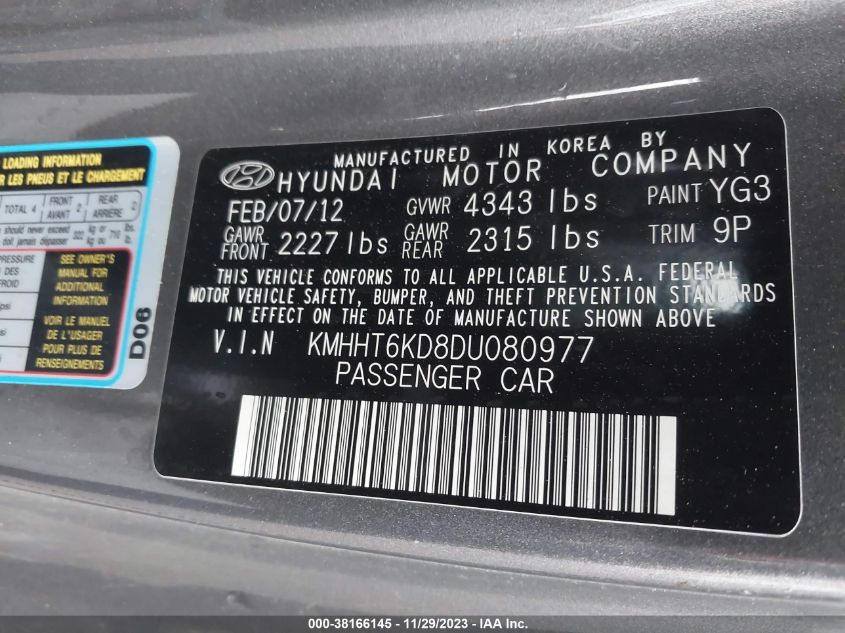 2013 HYUNDAI GENESIS 2.0T - KMHHT6KD8DU080977