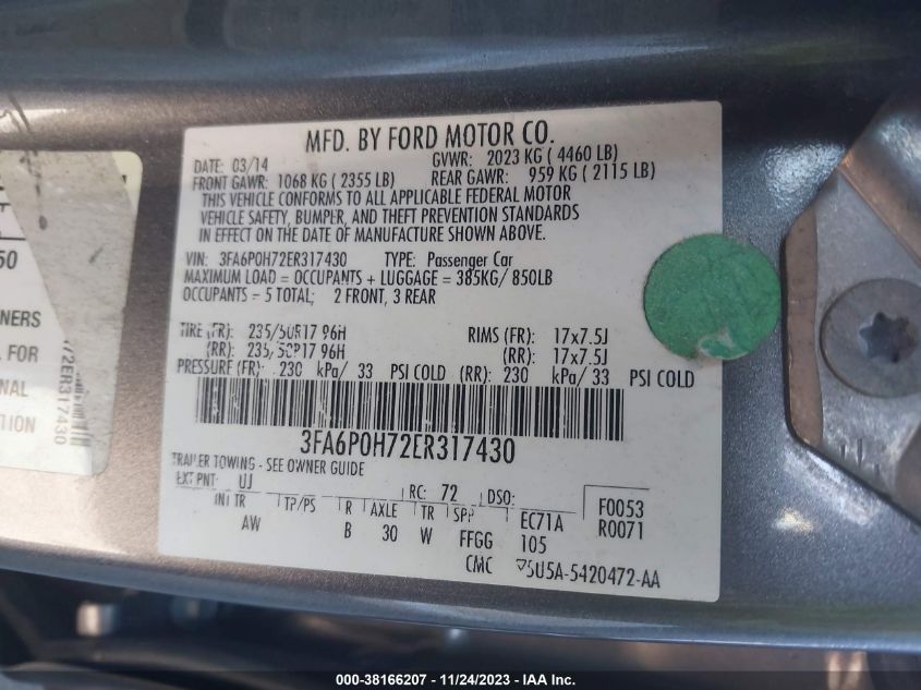 2014 FORD FUSION SE - 3FA6P0H72ER317430