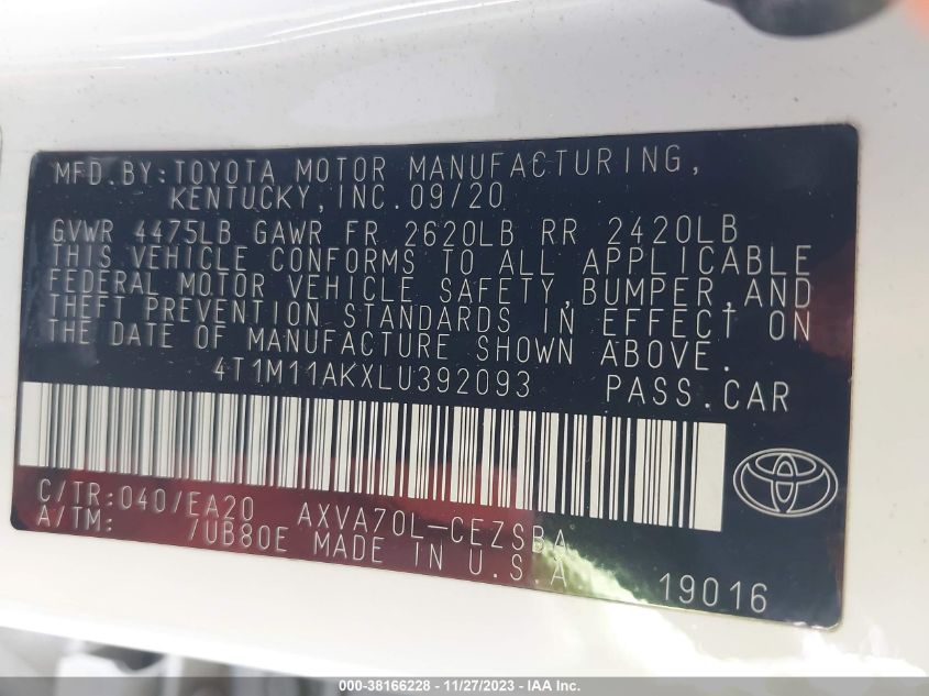 2020 TOYOTA CAMRY SE/SE NIGHT SHADE - 4T1M11AKXLU392093