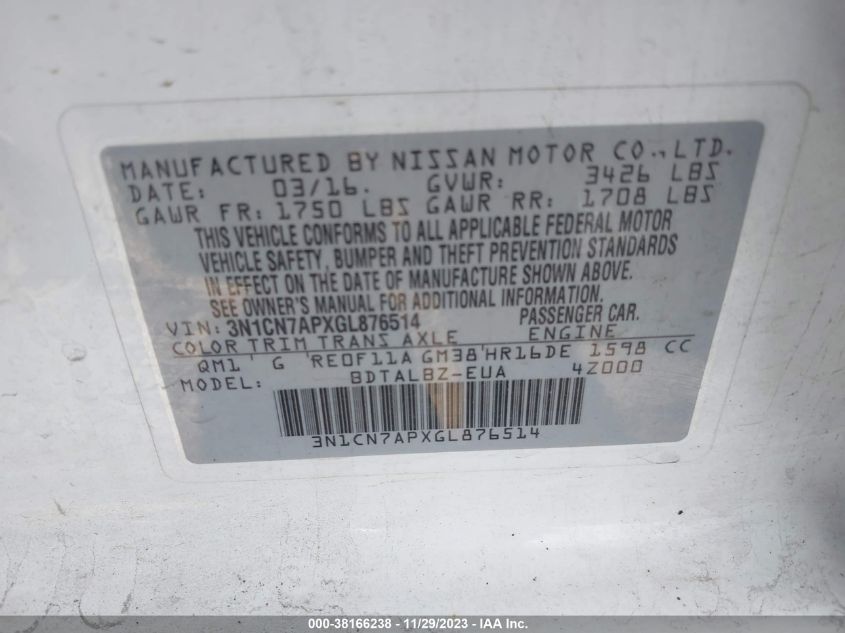 2016 NISSAN VERSA S/S PLUS/SV/SL - 3N1CN7APXGL876514