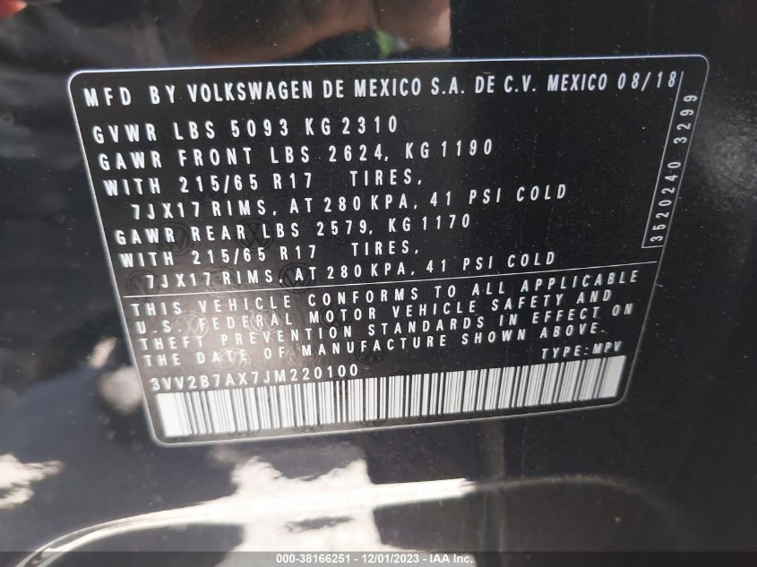 2018 VOLKSWAGEN TIGUAN 2.0T SE/2.0T SEL - 3VV2B7AX7JM220100