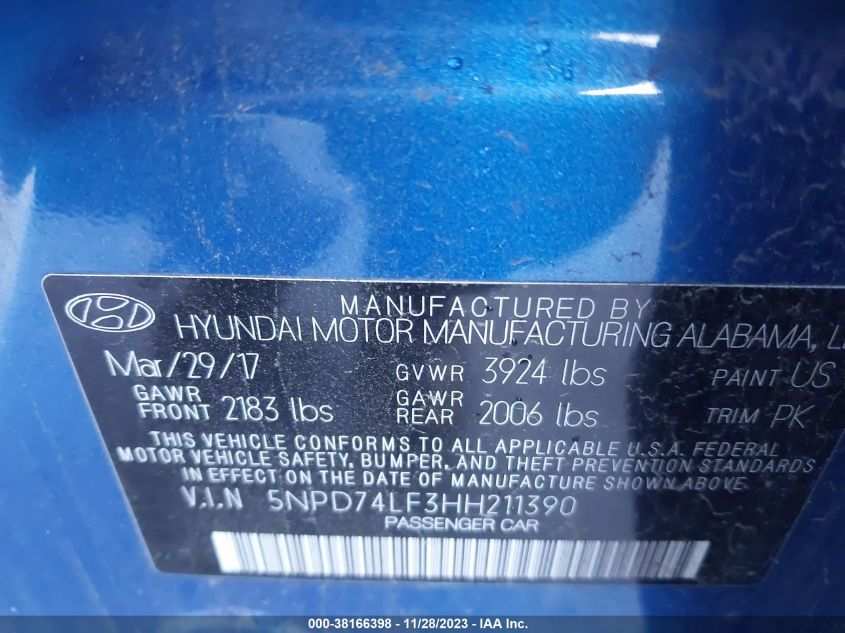 2017 HYUNDAI ELANTRA SE - 5NPD74LF3HH211390