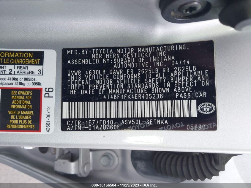 2014 TOYOTA CAMRY L/SE/LE/XLE - 4T4BF1FK4ER405236