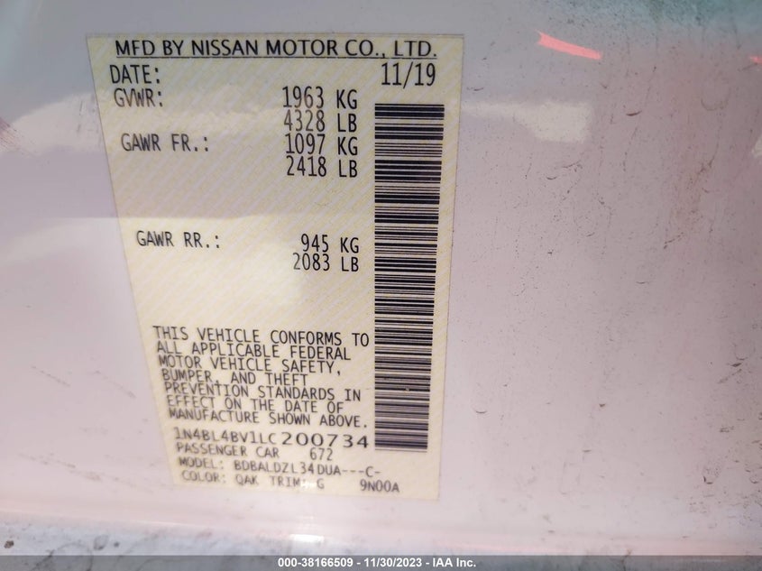 VIN 1N4BL4BV1LC200734 2020 NISSAN ALTIMA S FWD
