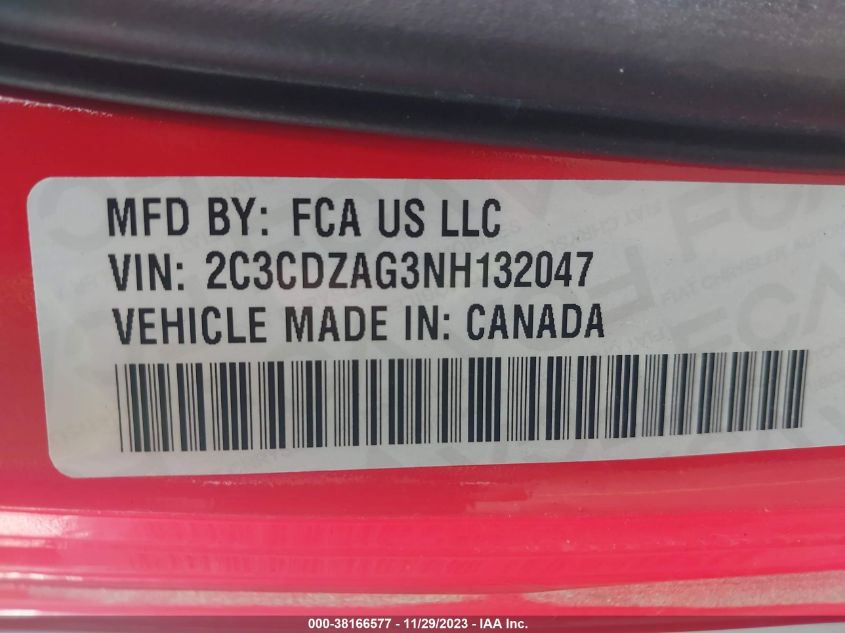 VIN 2C3CDZAG3NH132047 2022 DODGE CHALLENGER SXT