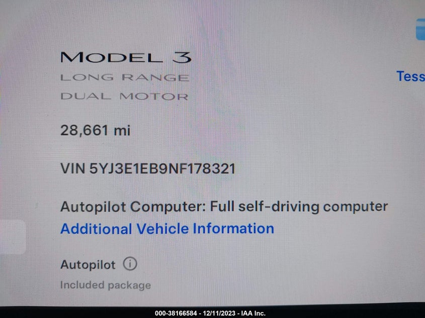 VIN 5YJ3E1EB9NF178321 2022 TESLA MODEL 3