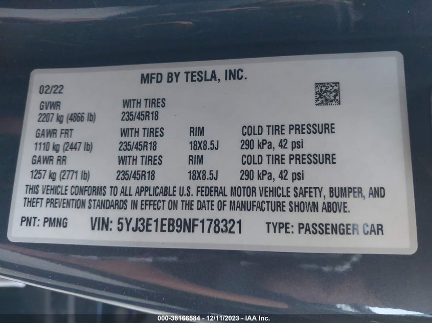 VIN 5YJ3E1EB9NF178321 2022 TESLA MODEL 3