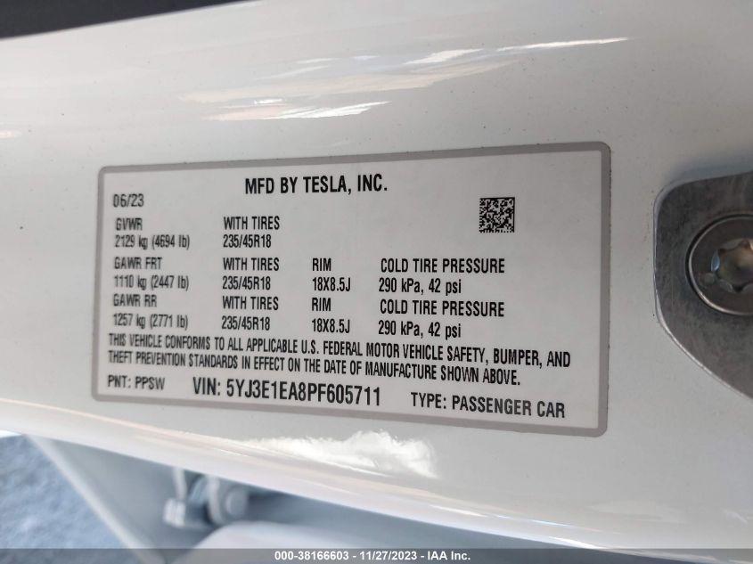 2023 TESLA MODEL 3 REAR-WHEEL DRIVE - 5YJ3E1EA8PF605711