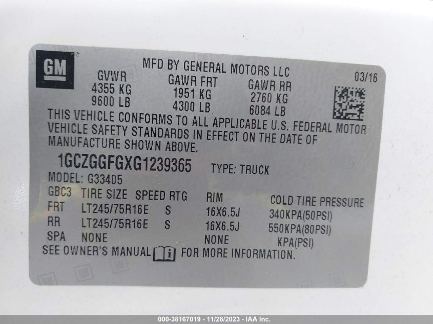 2016 CHEVROLET EXPRESS 3500 WORK VAN 1GCZGGFGXG1239365