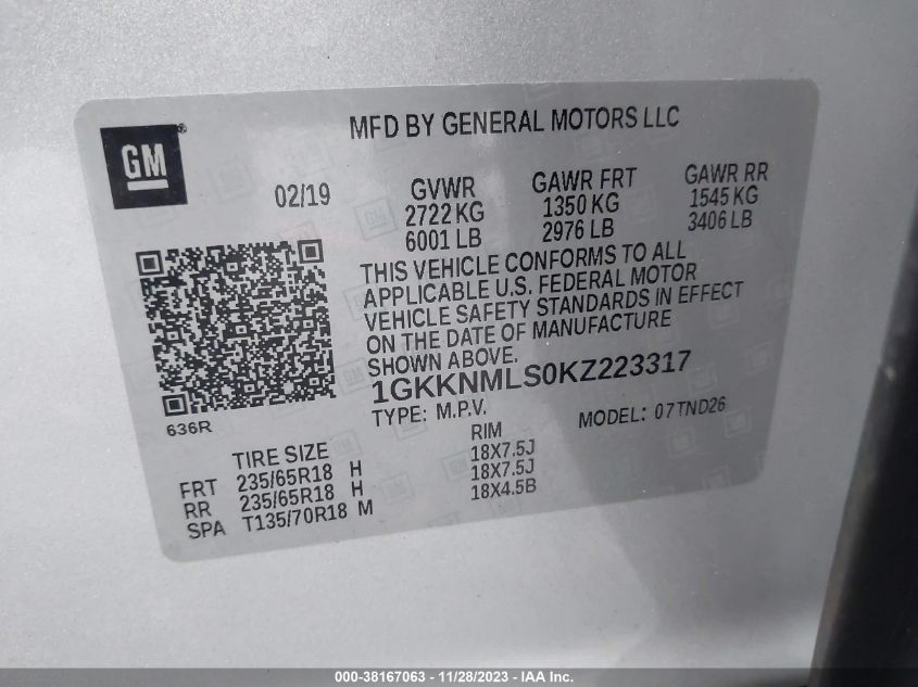 2019 GMC ACADIA SLT-1 - 1GKKNMLS0KZ223317