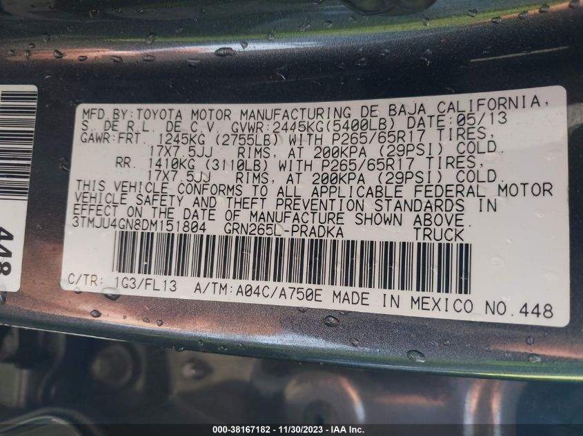 2013 TOYOTA TACOMA DOUBLE CAB PRERUNNER - 3TMJU4GN8DM151804