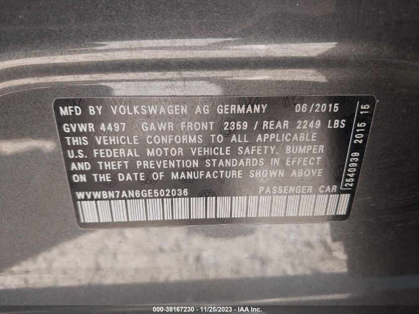 2016 VOLKSWAGEN CC SPORT/R-LINE - WVWBN7AN6GE502036